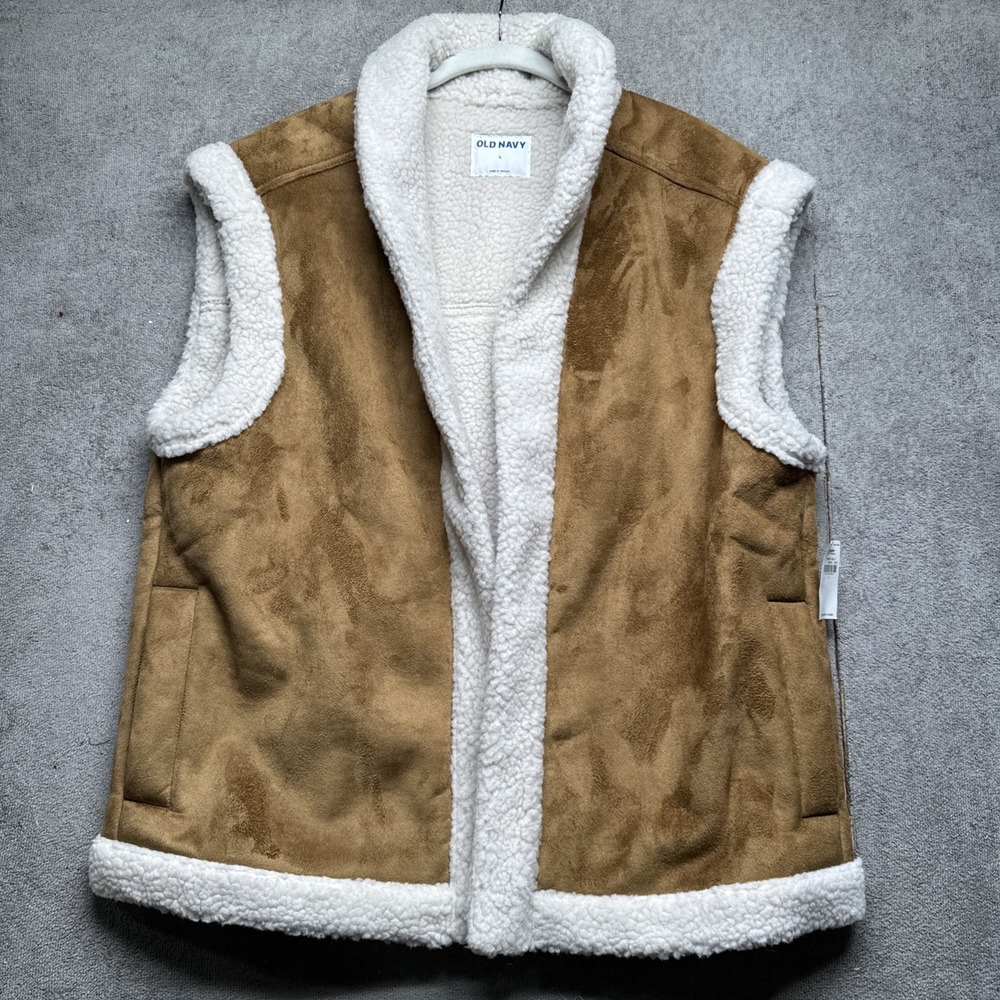 Old Navy Mens Brown Sherpa Lined Faux‎ Suede Vest Large Cozy Outdoor Layer